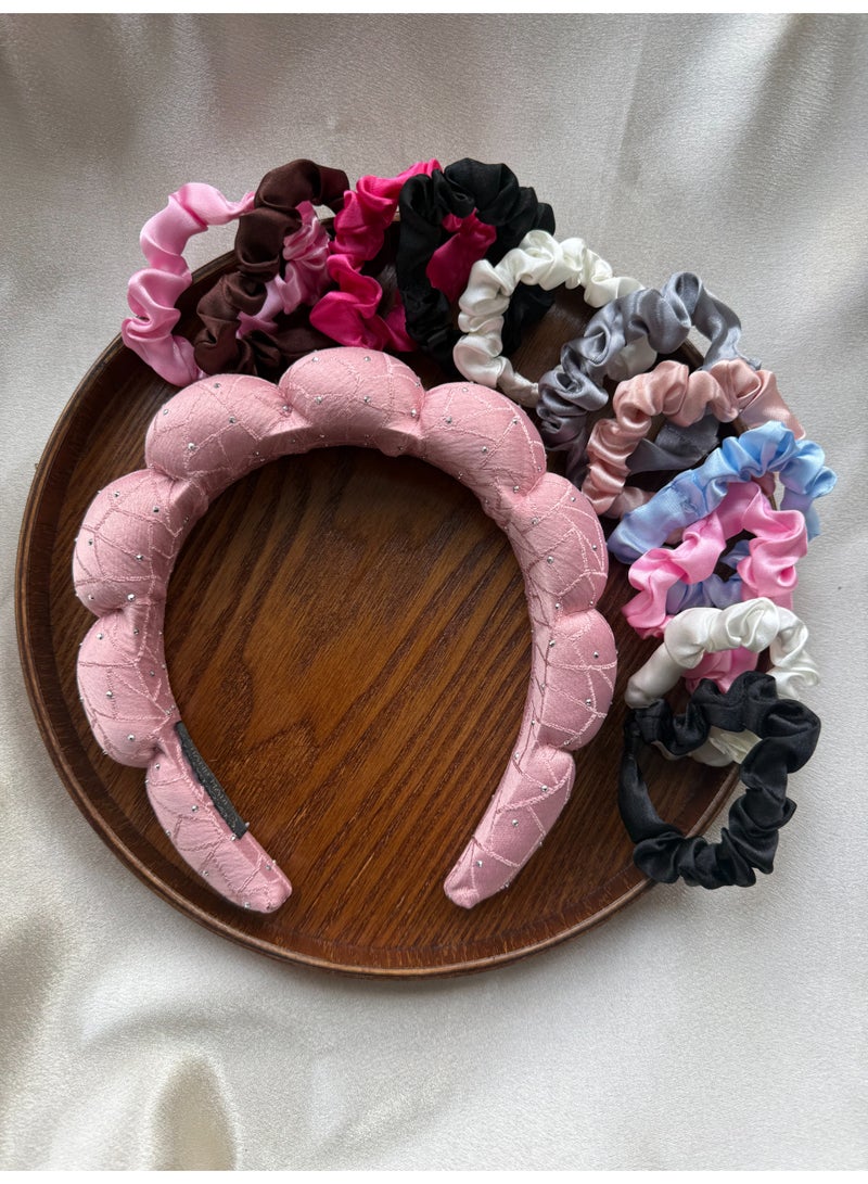 Vynara Padded Quilted Headband with 12 Small Scrunchies, 9 Colors Hair Accessories Set - Image 1